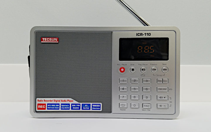 Tecsun ICR-110 FM radio, media player, and recorder, front view