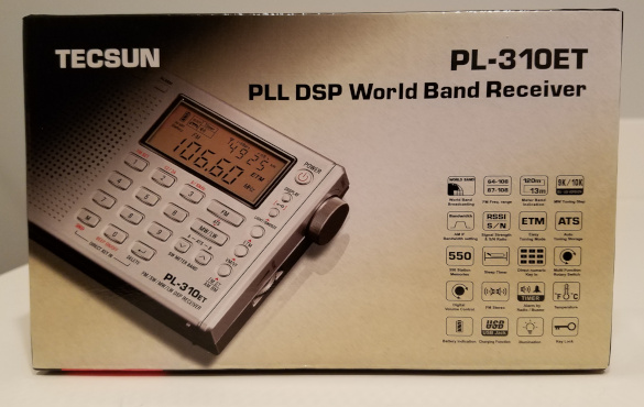 Box for the Tecsun PL-310 AM/FM/shortwave radio, showing the radio in a silver color
