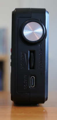 Right side of the XHDATA D-109WB, showing tuning and volume knobs, as well as a USB-C port