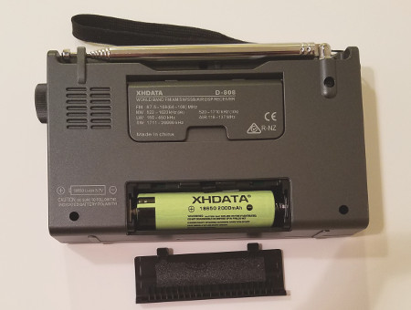 XHDATA D-808 radio, showing battery compartment
