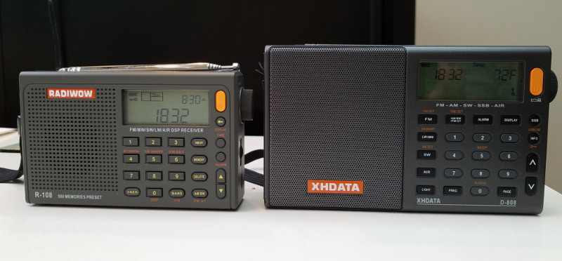 XHDATA D-808 AM/FM/SW/air band DSP radio, next to a Radiwow R-108 radio