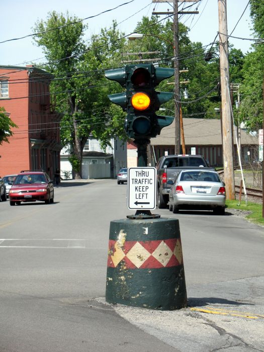 Traffic signal in the middle of Main and Churchill Streets in Beacon, New York, looking toward Main