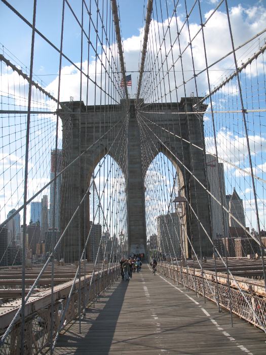 Perspective of the Brooklyn Bridge showing the suspension cables