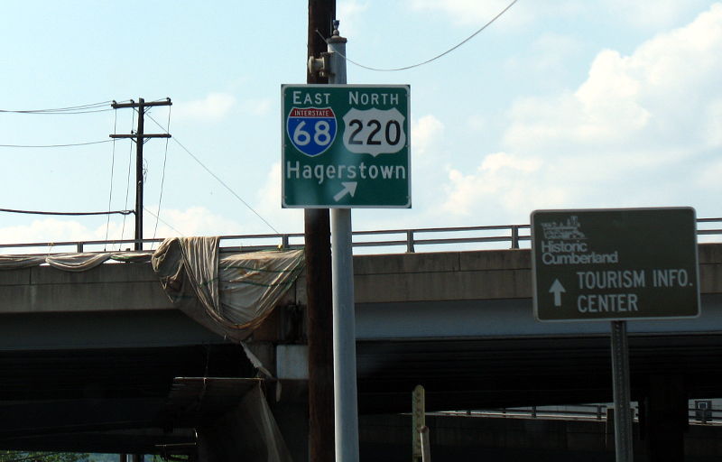 Directional sign for traffic leaving Cumberland, Maryland