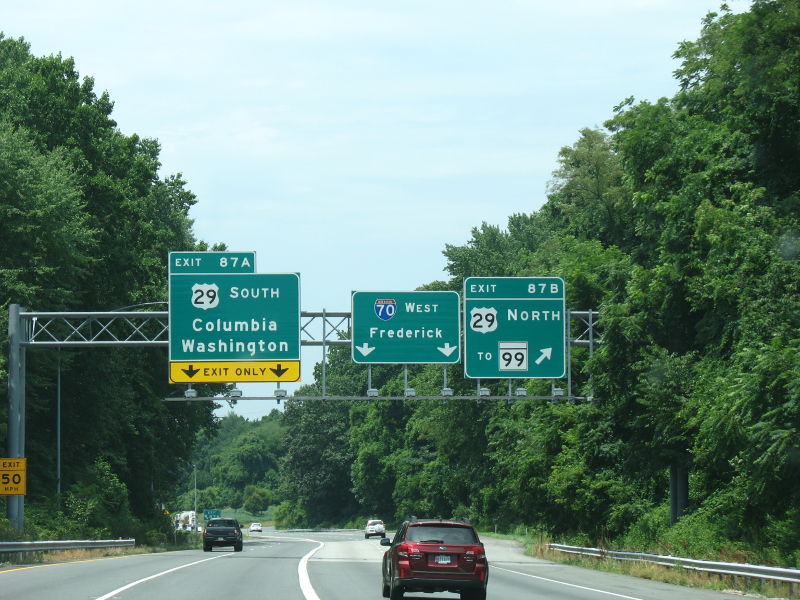 US 29 exits from Interstate 70 near Ellicott City, Maryland