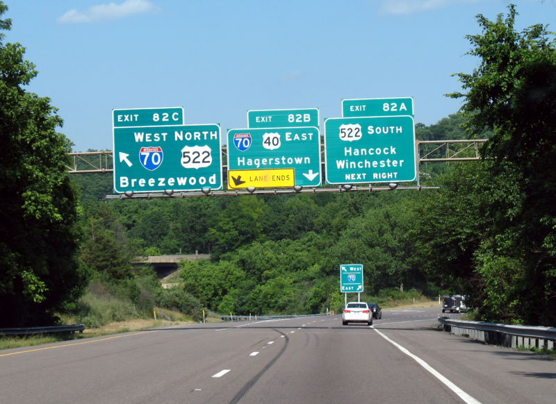 Exits at the end of Interstate 68 in Maryland