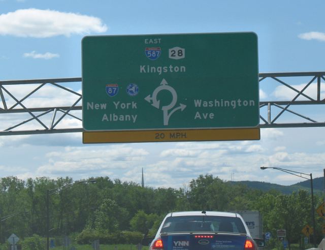 Traffic circle sign on Interstate 587 at Interstate 87 in Kingston, New York