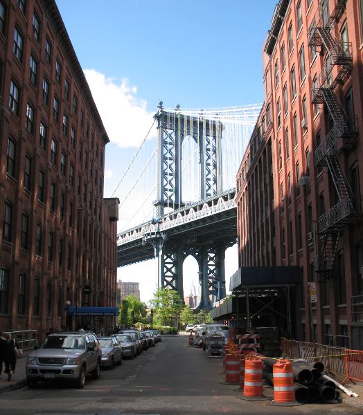 Manhattan Bridge, seen in a peek-a-boo view from Brooklyn city streets