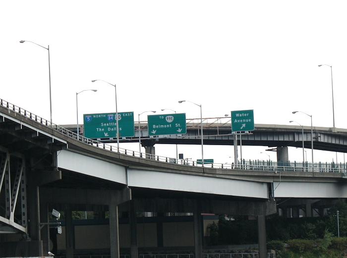 Close-up of the signs at the east end of the Morrison Bridge
