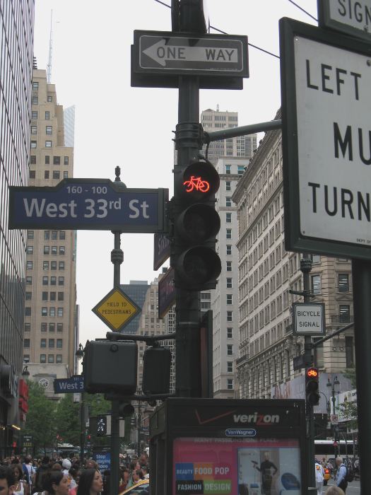 Red Manhattan bicycle signal at West 33rd and Broadway