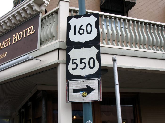 Older square markers for the US routes in Durango, Colorado