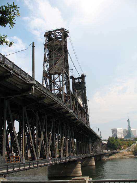 The towers of the drawbridge portion of the Steel Bridge in downtown Portland, Oregon