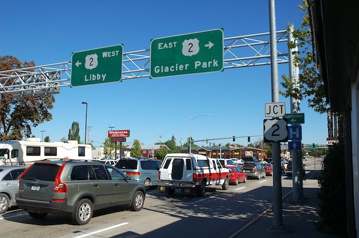 Big freeway-style signs for US 2 on US 93 in Kalispell, Montana