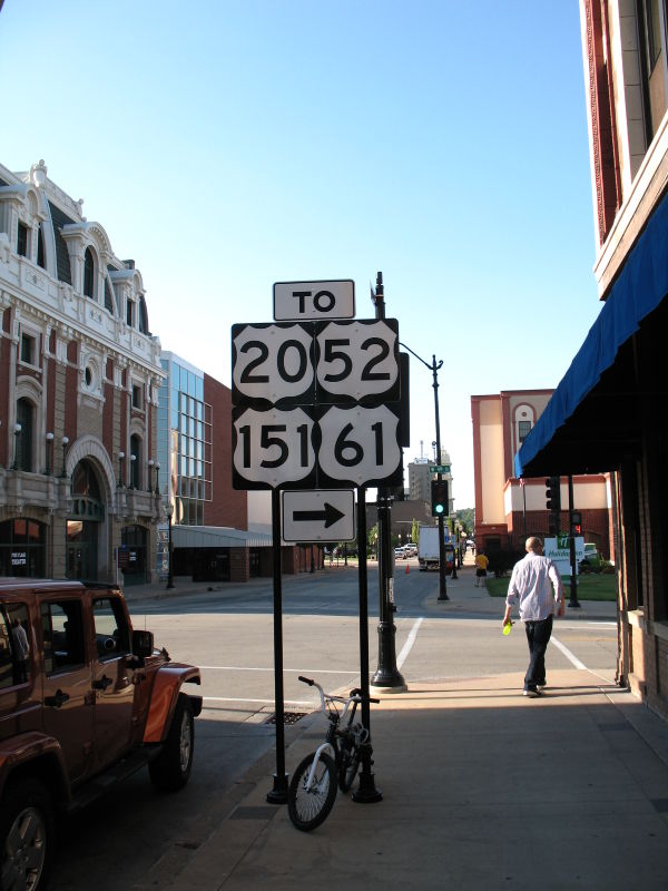 Trailblazers for four US routes in downtown Dubuque, Iowa