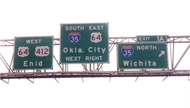 Gantry for continuing routes from the west end of the Cimarron Turnpike in Oklahoma