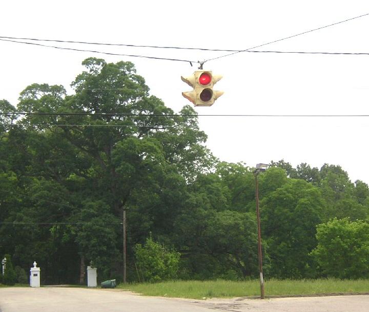 Vintage red flashing traffic light in Humboldt, Tennessee