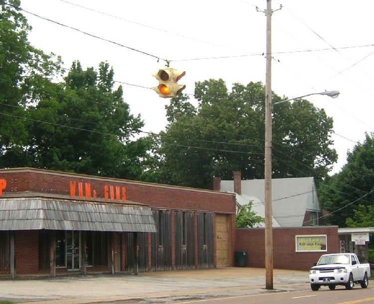 Vintage yellow flashing traffic light in Humboldt, Tennessee