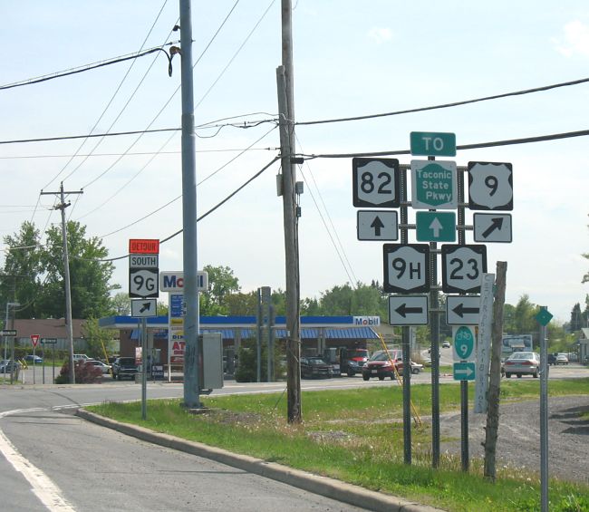 A 'sign salad' of routes on US 9 in Columbia County, New York