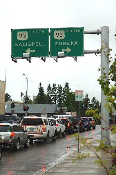 Overhead signs for US 93 in Whitefish, Montana