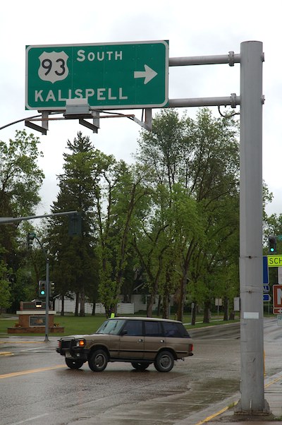 Overhead directional sign for US 93 in Whitefish, Montana