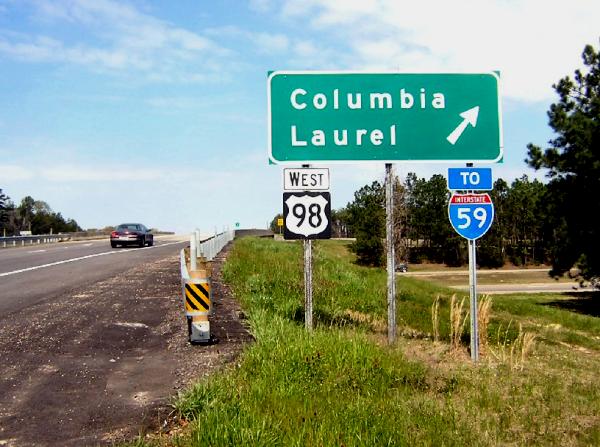 Smaller sign assembly for US 98 from US 49 south of Hattiesburg, Mississippi