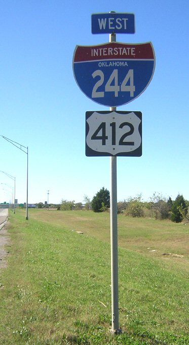 Compressed, distorted font for Interstate 244 in Tulsa, Oklahoma